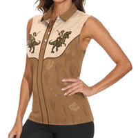 Cowgirl Dinosaur Women Sleeveless Polo Shirt Retro Western Yoke - Wonder Print Shop