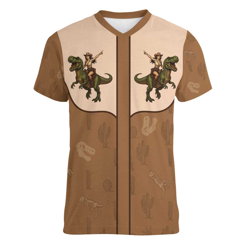 Cowgirl Dinosaur Women V-Neck T-Shirt Retro Western Yoke - Wonder Print Shop