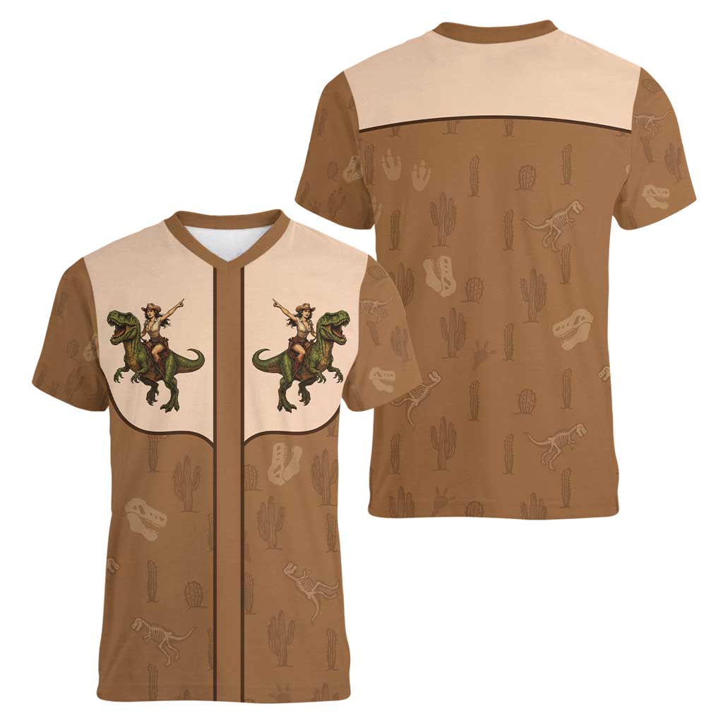 Cowgirl Dinosaur Women V-Neck T-Shirt Retro Western Yoke - Wonder Print Shop