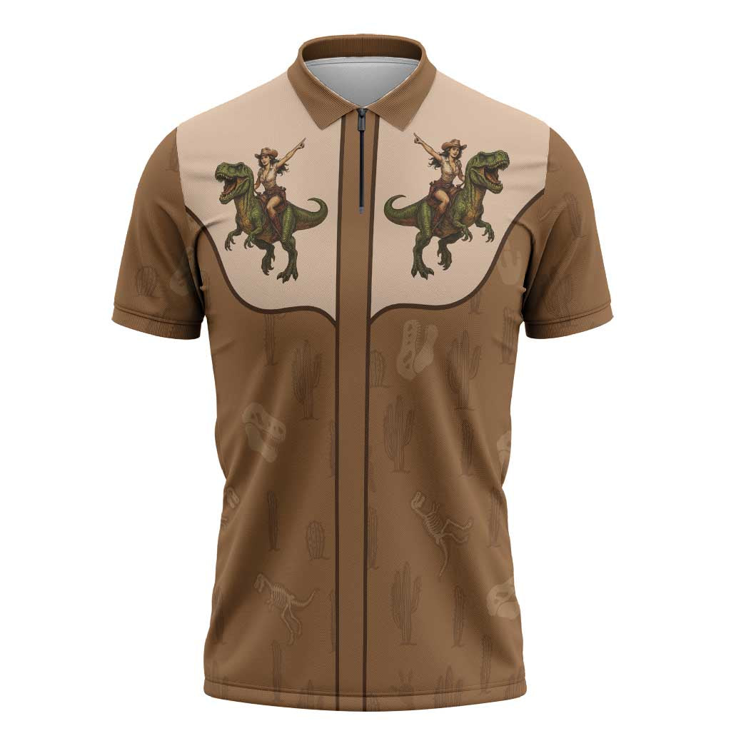 Cowgirl Dinosaur Zipper Polo Shirt Retro Western Yoke - Wonder Print Shop