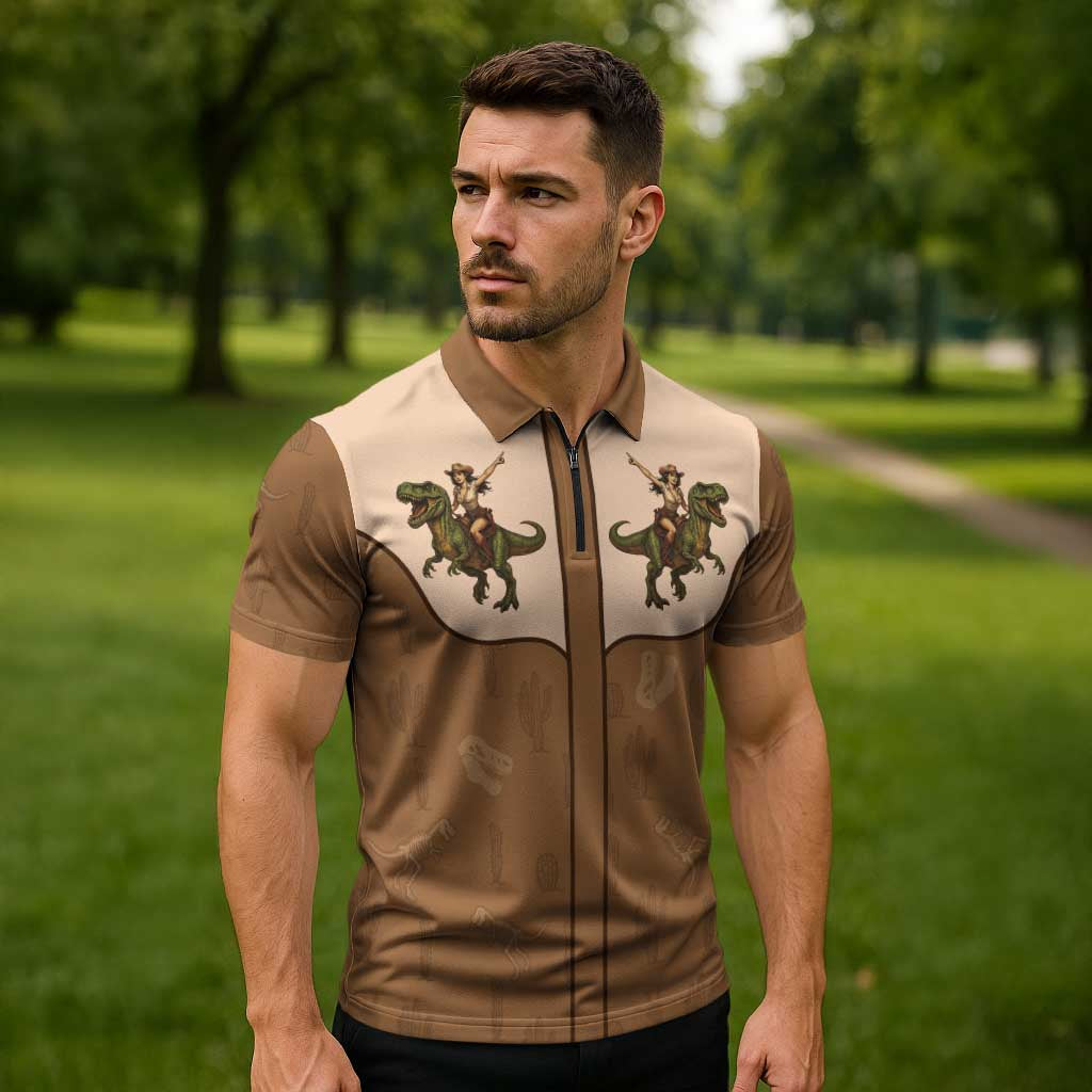 Cowgirl Dinosaur Zipper Polo Shirt Retro Western Yoke - Wonder Print Shop