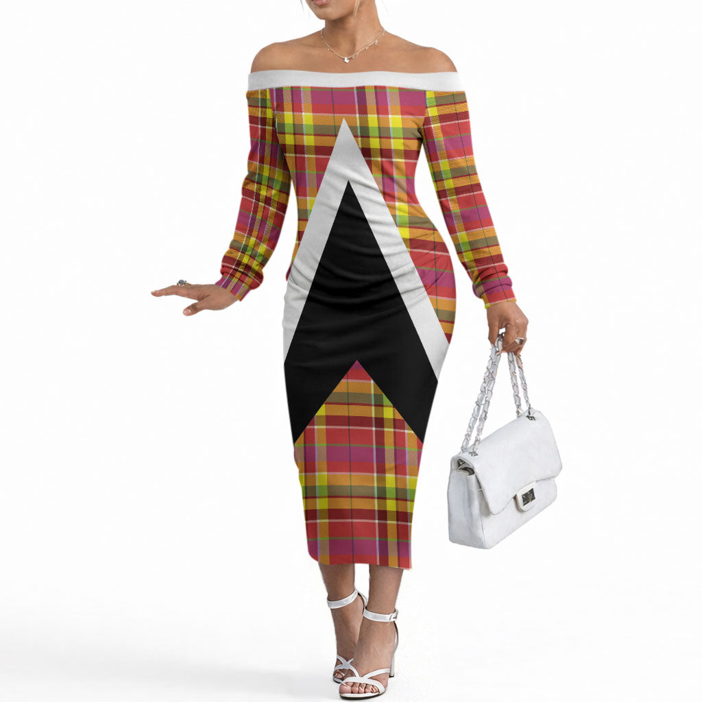 Saint Lucia Creole Day Off The Shoulder Long Sleeve Dress Madras Pattern Flag Style