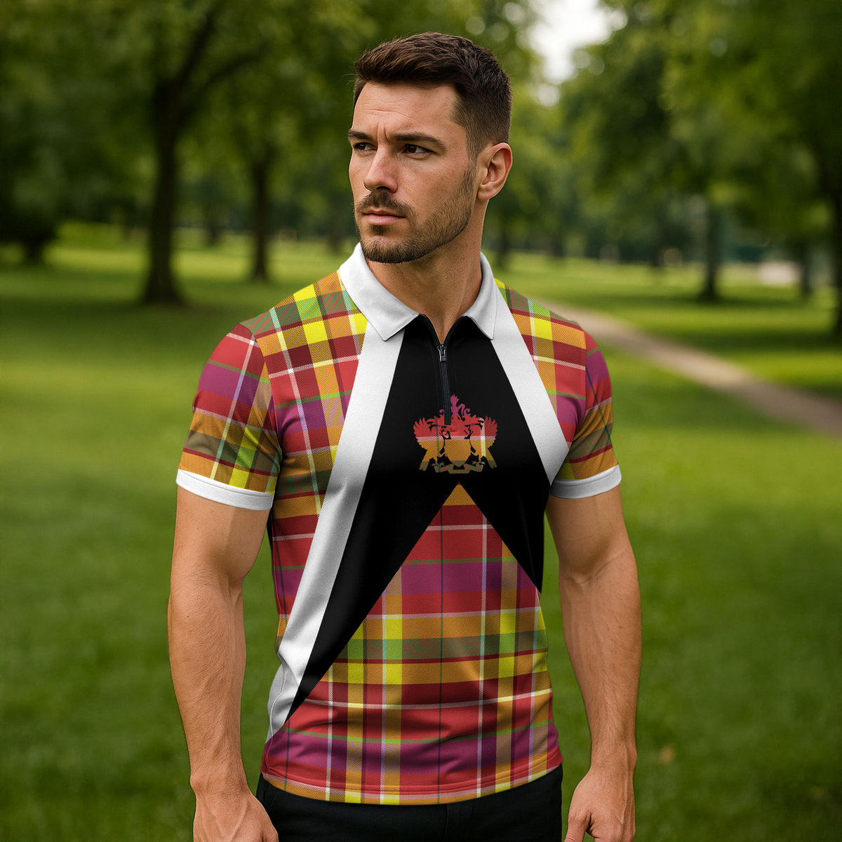 Saint Lucia Creole Day Zipper Polo Shirt Madras Pattern Flag Style