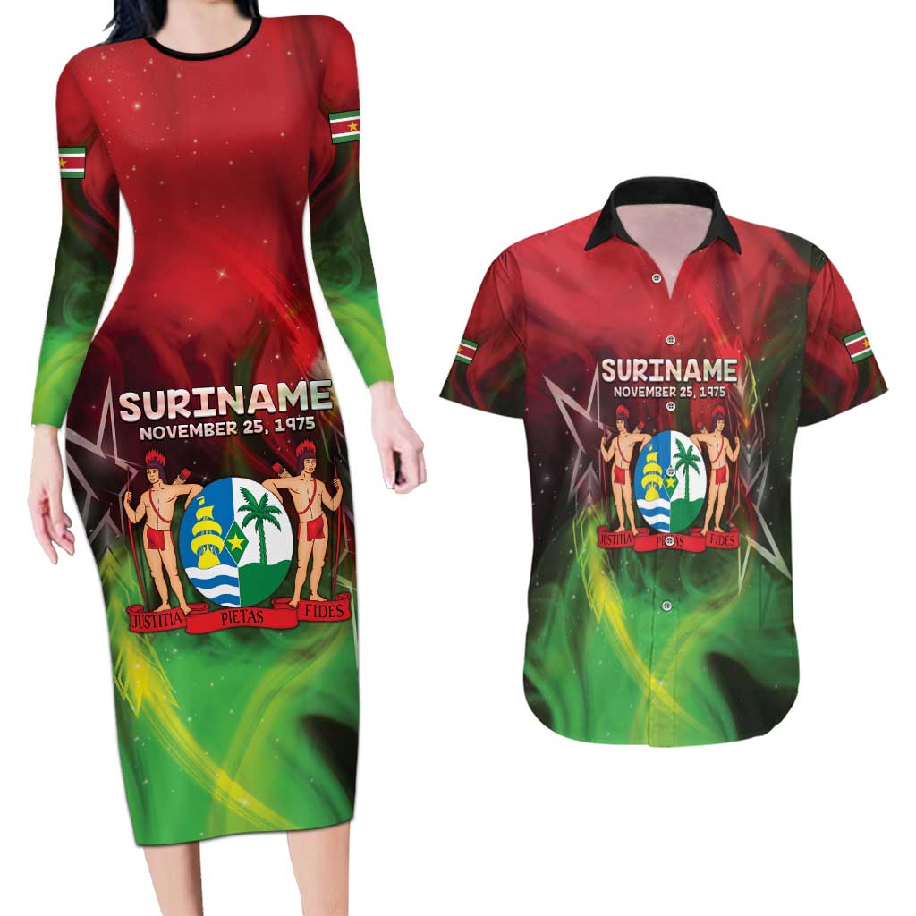 Suriname Independence Day Couples Matching Long Sleeve Bodycon Dress and Hawaiian Shirt Wan Switi Srefidensi Dey - Wonder Print Shop