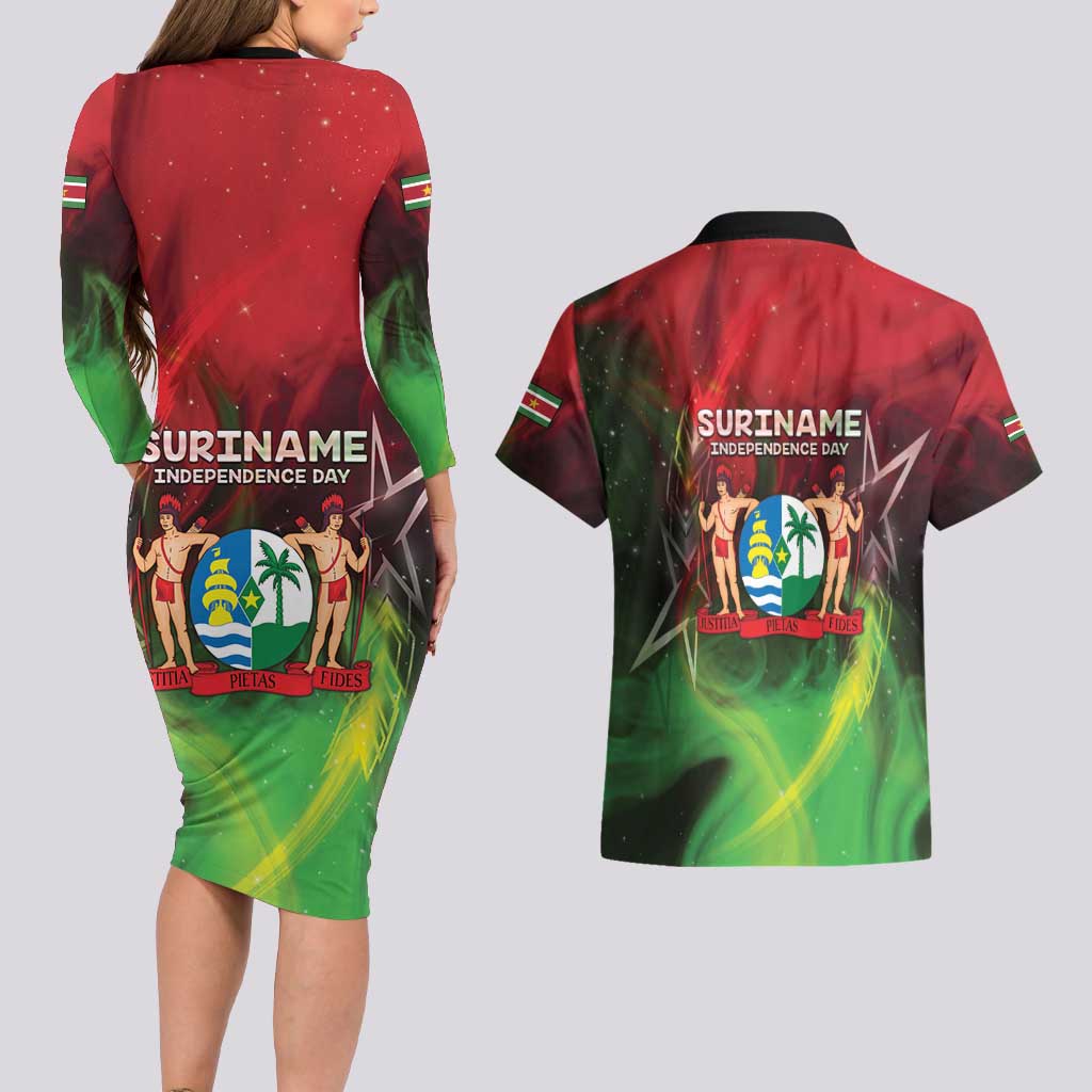 Suriname Independence Day Couples Matching Long Sleeve Bodycon Dress and Hawaiian Shirt Wan Switi Srefidensi Dey - Wonder Print Shop