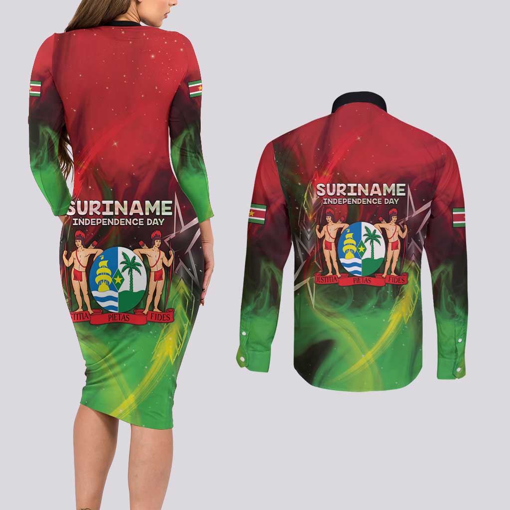 Suriname Independence Day Couples Matching Long Sleeve Bodycon Dress and Long Sleeve Button Shirt Wan Switi Srefidensi Dey - Wonder Print Shop