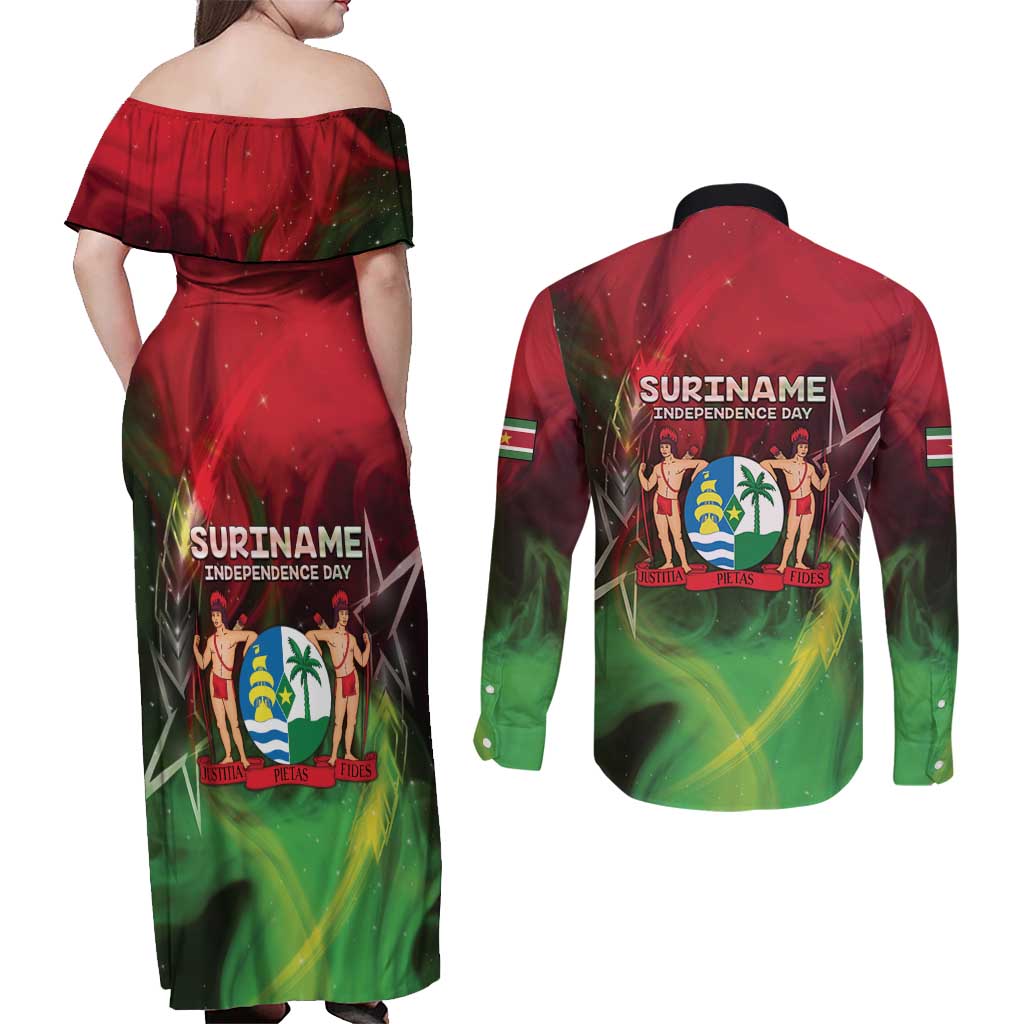 Suriname Independence Day Couples Matching Off Shoulder Maxi Dress and Long Sleeve Button Shirt Wan Switi Srefidensi Dey - Wonder Print Shop