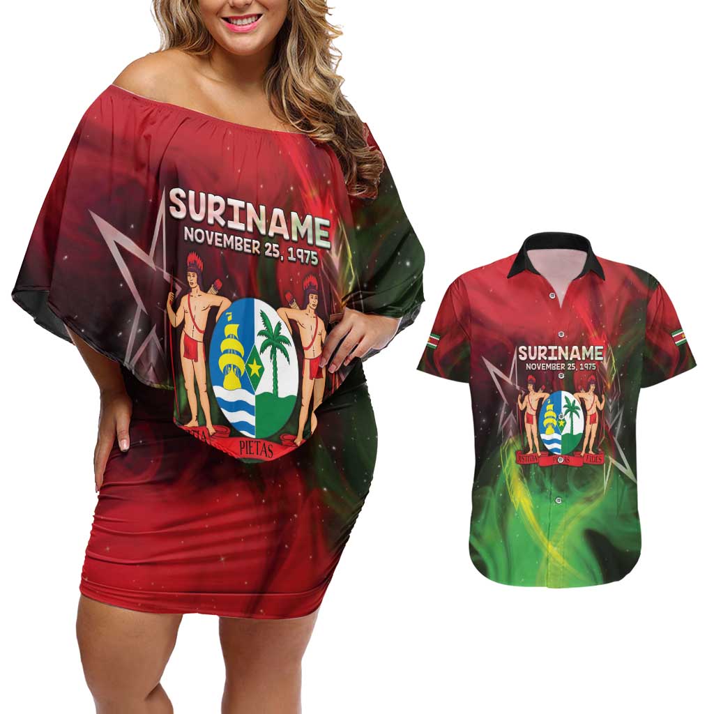 Suriname Independence Day Couples Matching Off Shoulder Short Dress and Hawaiian Shirt Wan Switi Srefidensi Dey - Wonder Print Shop