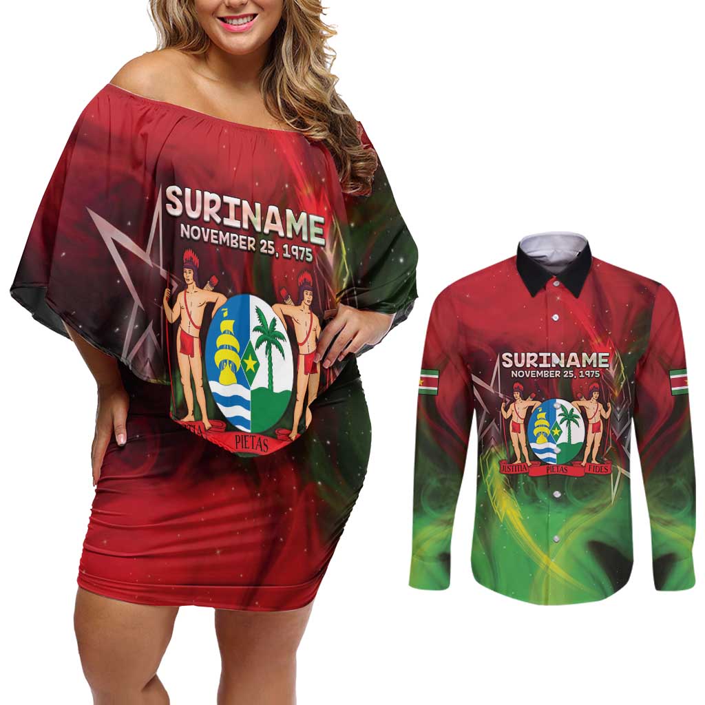 Suriname Independence Day Couples Matching Off Shoulder Short Dress and Long Sleeve Button Shirt Wan Switi Srefidensi Dey - Wonder Print Shop