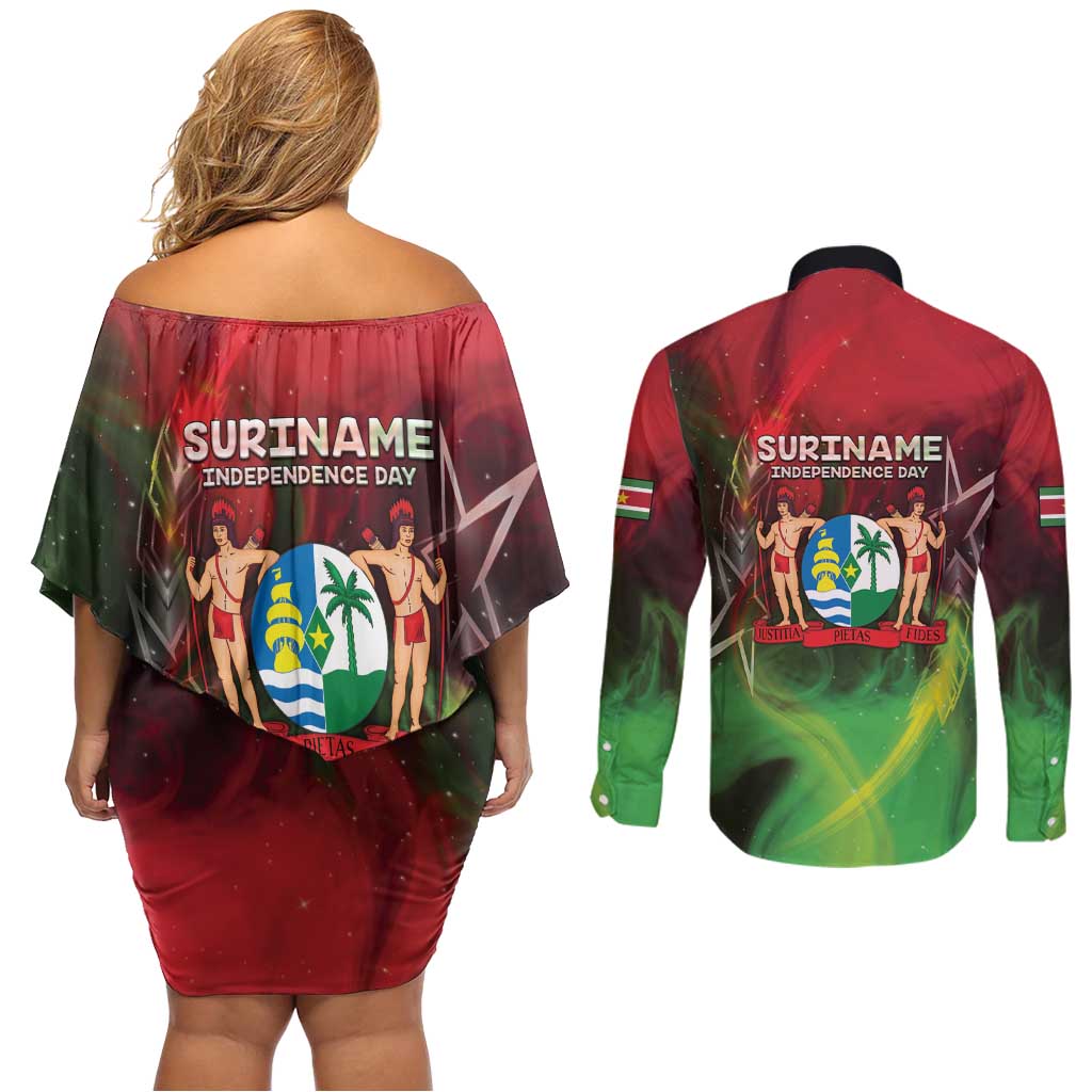 Suriname Independence Day Couples Matching Off Shoulder Short Dress and Long Sleeve Button Shirt Wan Switi Srefidensi Dey - Wonder Print Shop