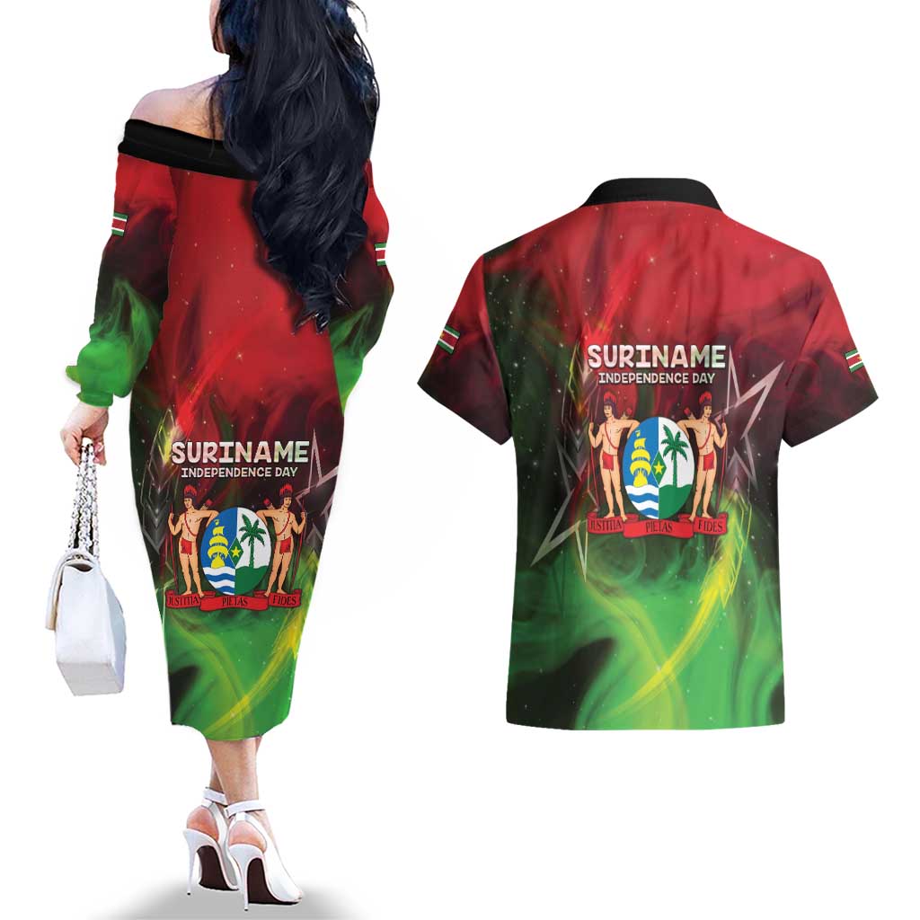 Suriname Independence Day Couples Matching Off The Shoulder Long Sleeve Dress and Hawaiian Shirt Wan Switi Srefidensi Dey - Wonder Print Shop