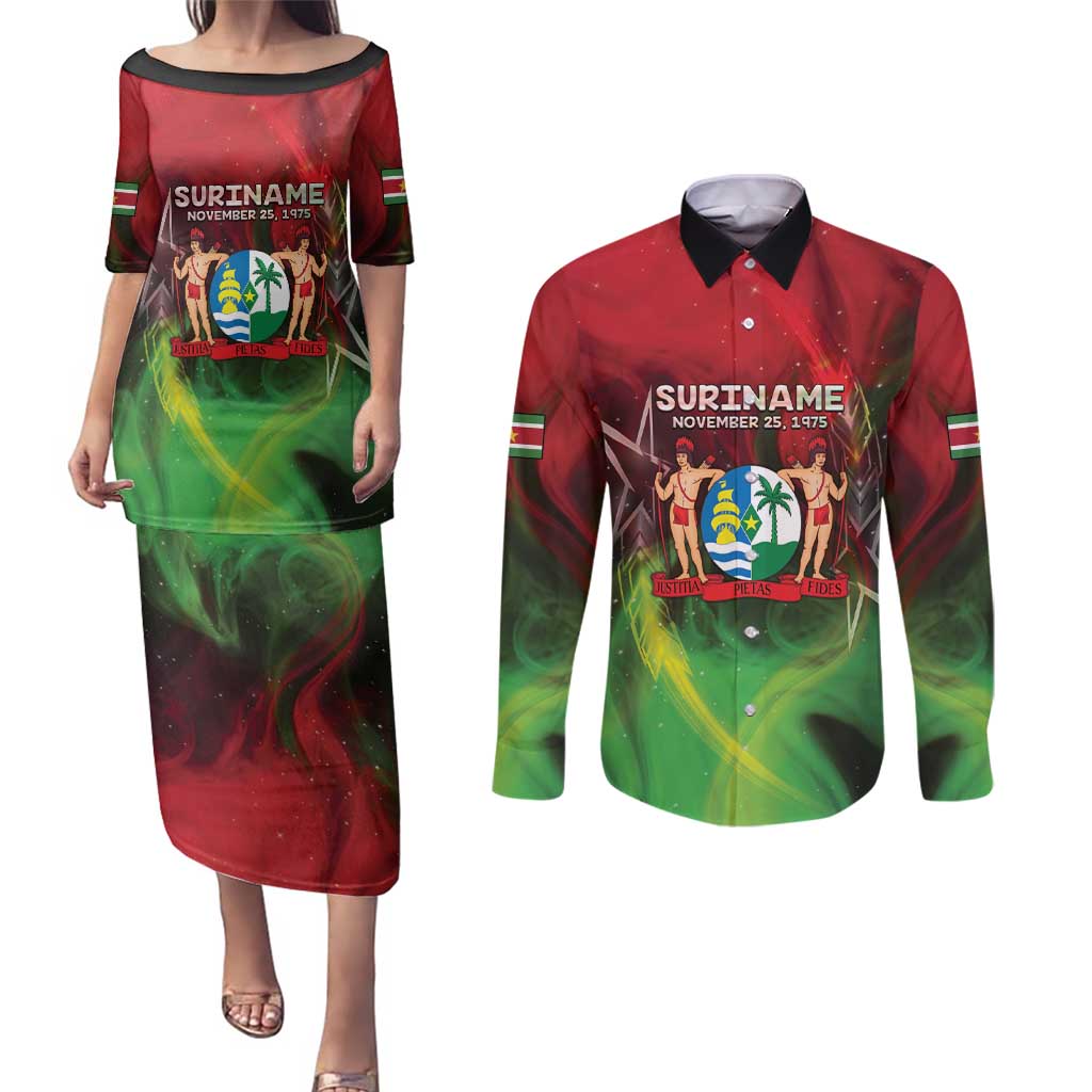 Suriname Independence Day Couples Matching Puletasi and Long Sleeve Button Shirt Wan Switi Srefidensi Dey - Wonder Print Shop