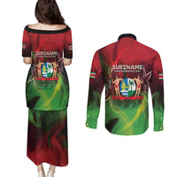 Suriname Independence Day Couples Matching Puletasi and Long Sleeve Button Shirt Wan Switi Srefidensi Dey - Wonder Print Shop