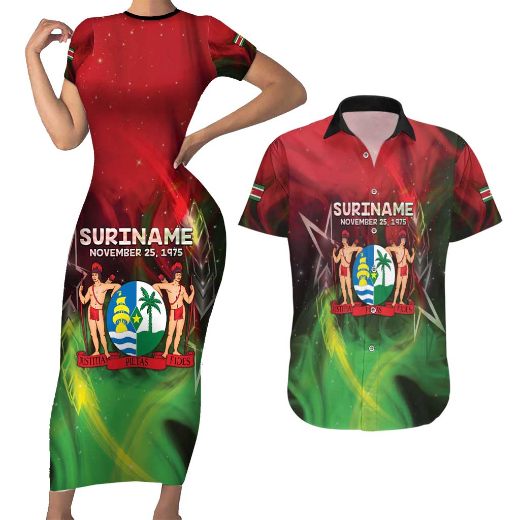 Suriname Independence Day Couples Matching Short Sleeve Bodycon Dress and Hawaiian Shirt Wan Switi Srefidensi Dey - Wonder Print Shop