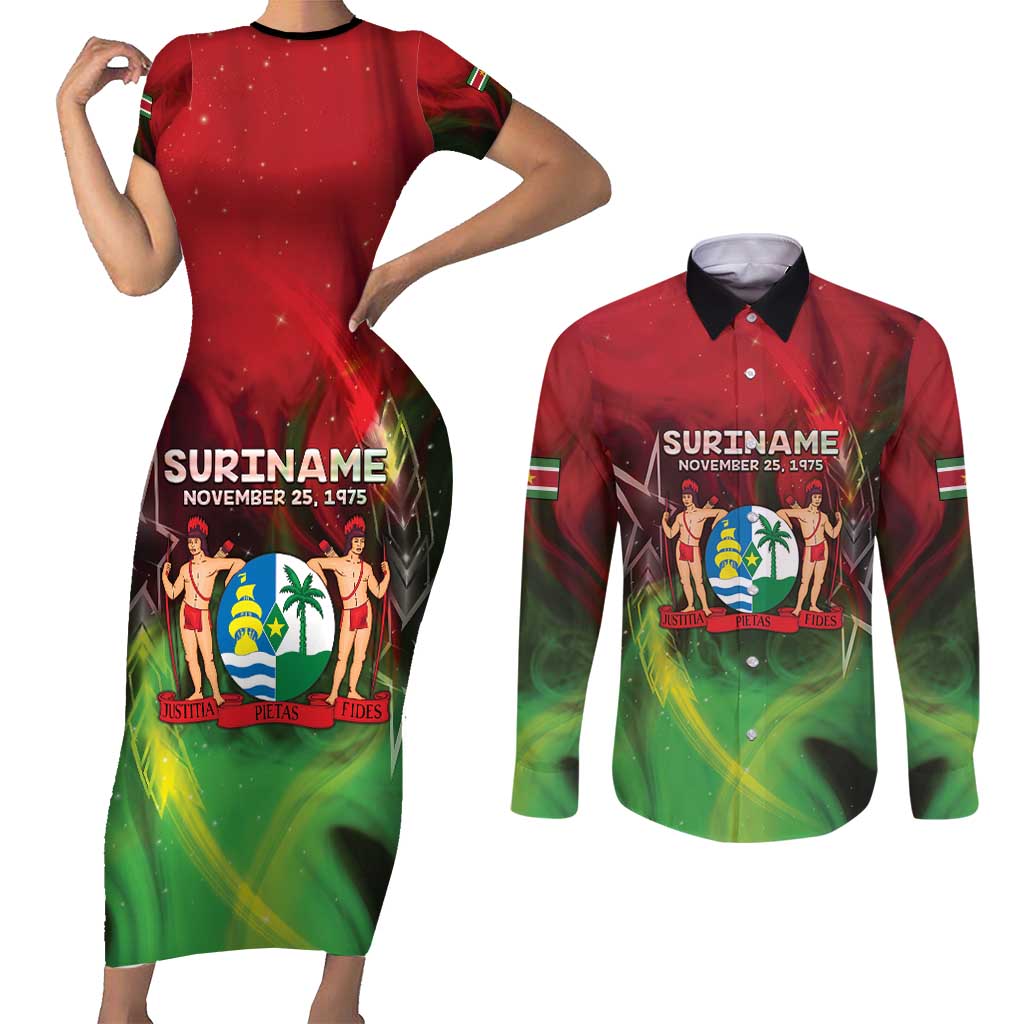 Suriname Independence Day Couples Matching Short Sleeve Bodycon Dress and Long Sleeve Button Shirt Wan Switi Srefidensi Dey - Wonder Print Shop