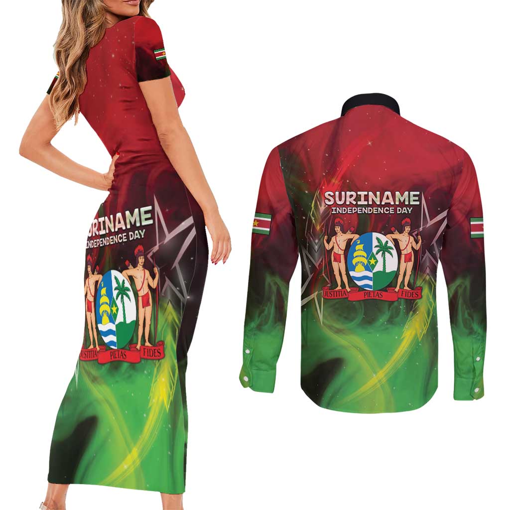 Suriname Independence Day Couples Matching Short Sleeve Bodycon Dress and Long Sleeve Button Shirt Wan Switi Srefidensi Dey - Wonder Print Shop