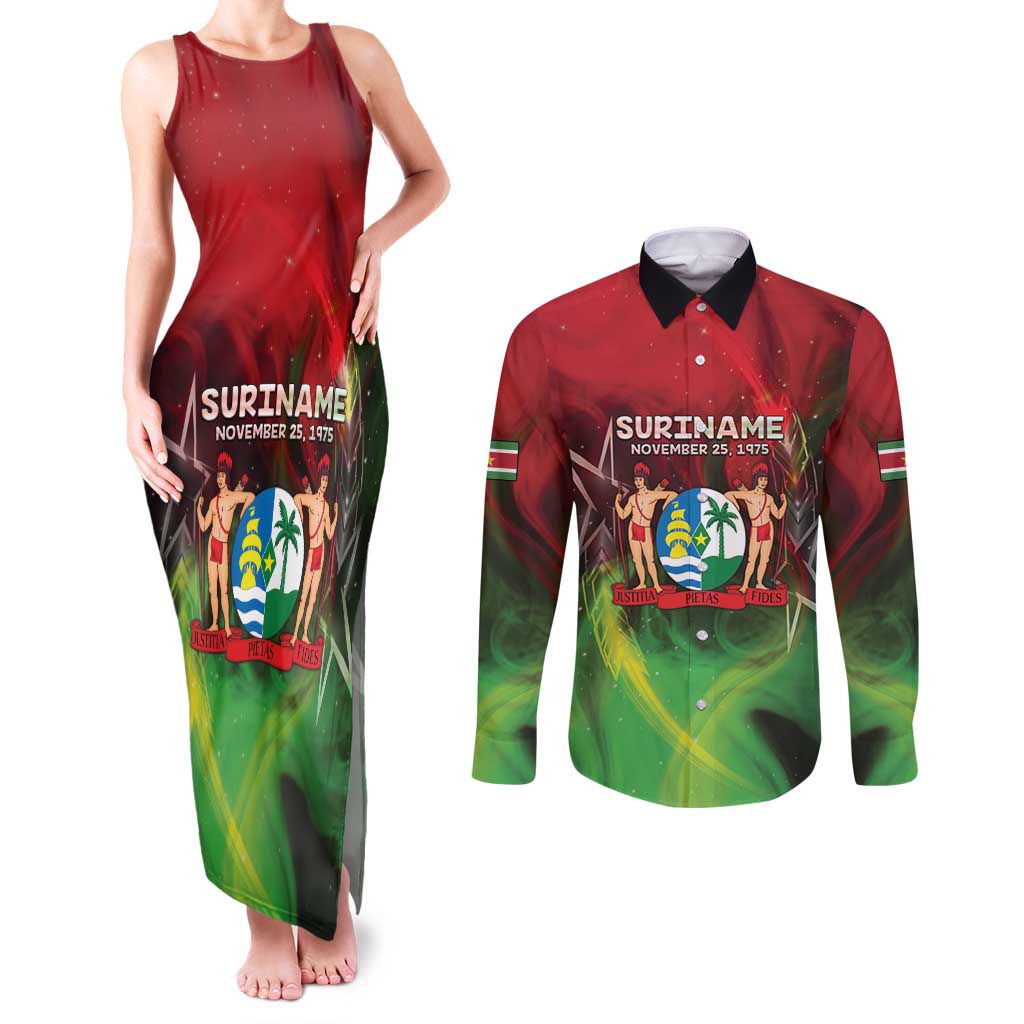 Suriname Independence Day Couples Matching Tank Maxi Dress and Long Sleeve Button Shirt Wan Switi Srefidensi Dey - Wonder Print Shop