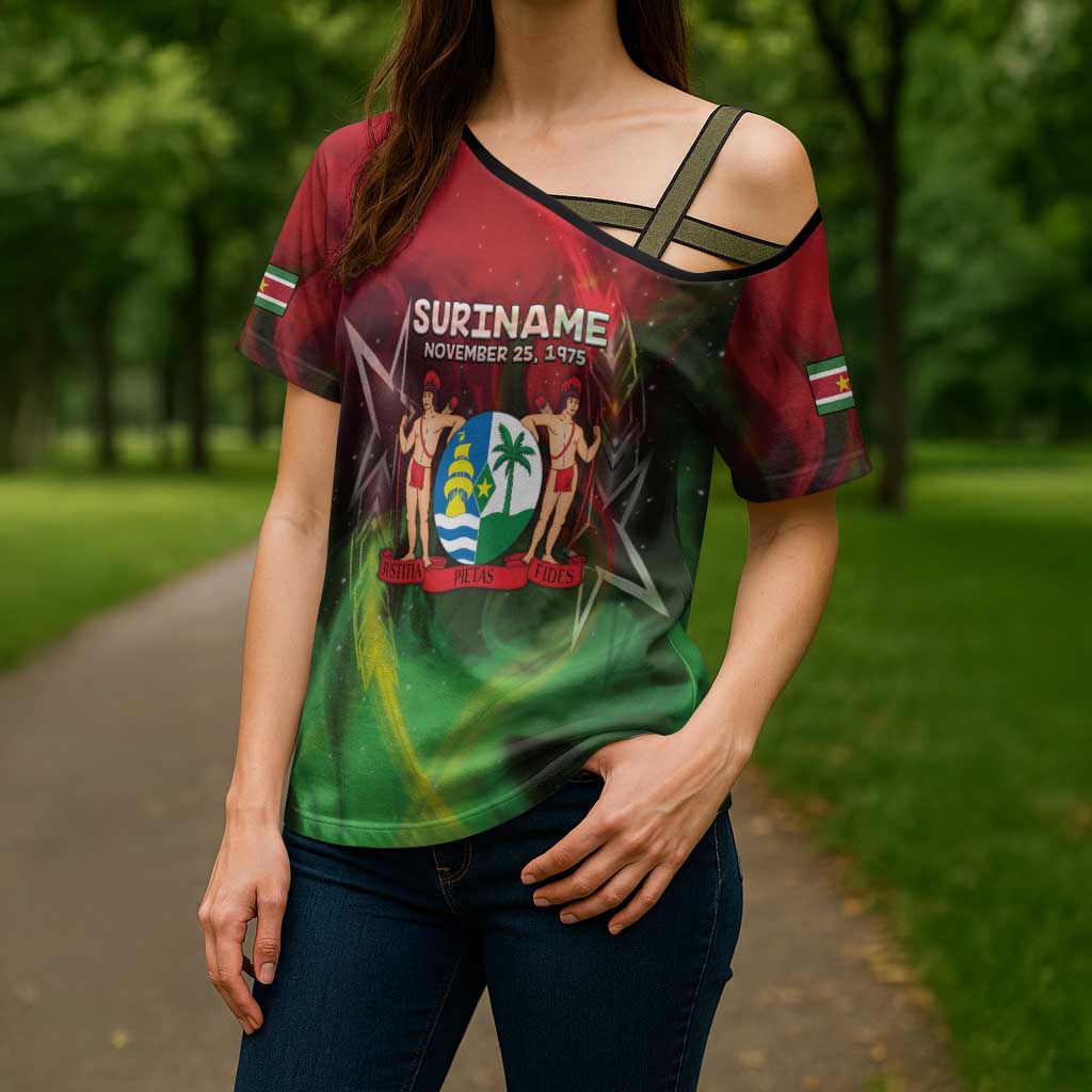 Suriname Independence Day Cross Shoulder Shirt Wan Switi Srefidensi Dey - Wonder Print Shop