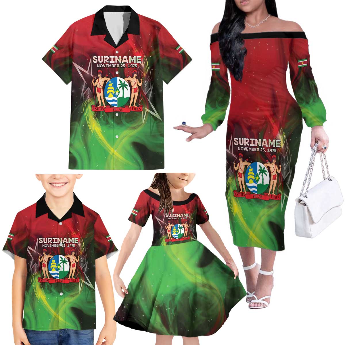 Suriname Independence Day Family Matching Off The Shoulder Long Sleeve Dress and Hawaiian Shirt Wan Switi Srefidensi Dey - Wonder Print Shop