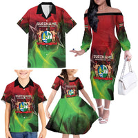 Suriname Independence Day Family Matching Off The Shoulder Long Sleeve Dress and Hawaiian Shirt Wan Switi Srefidensi Dey - Wonder Print Shop