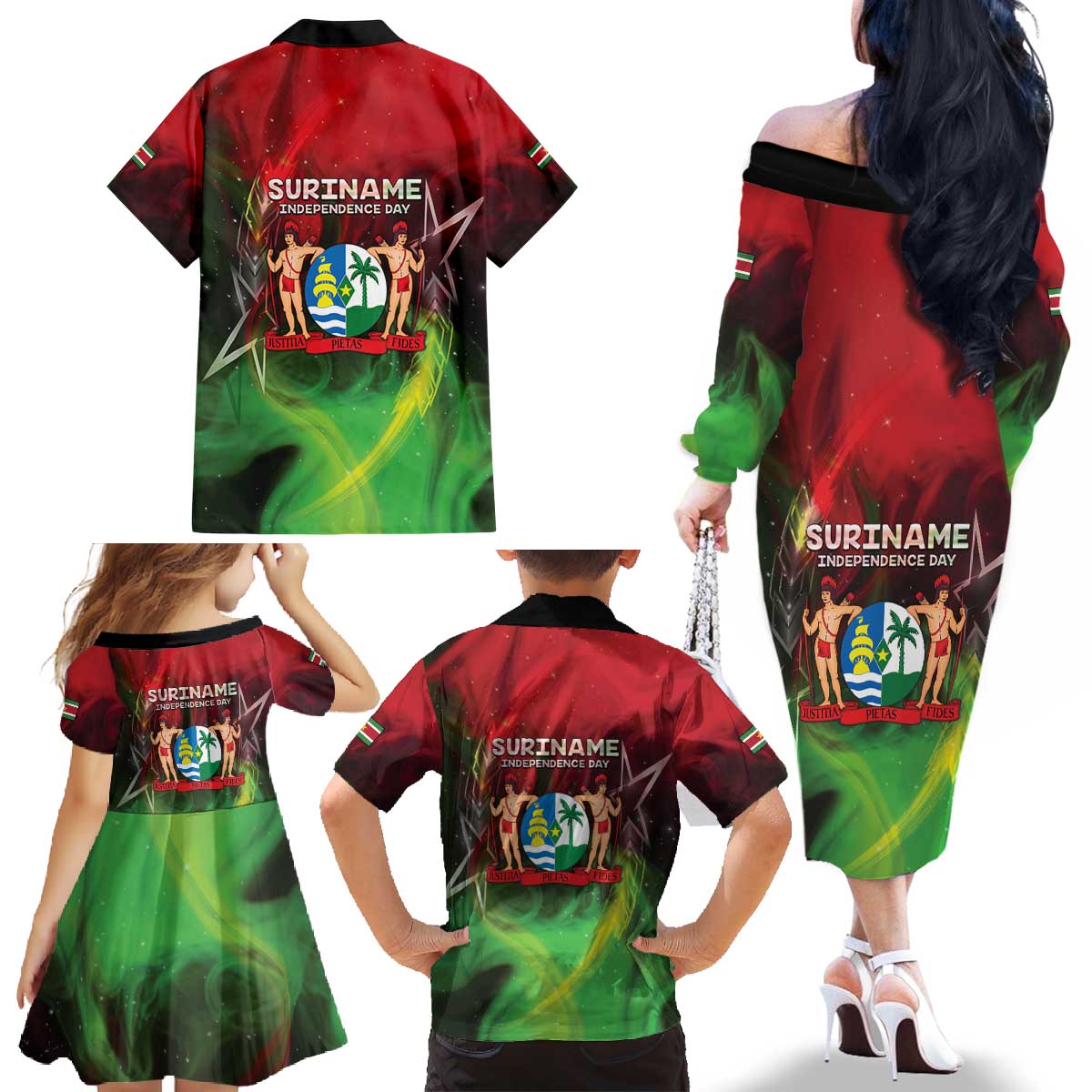Suriname Independence Day Family Matching Off The Shoulder Long Sleeve Dress and Hawaiian Shirt Wan Switi Srefidensi Dey - Wonder Print Shop