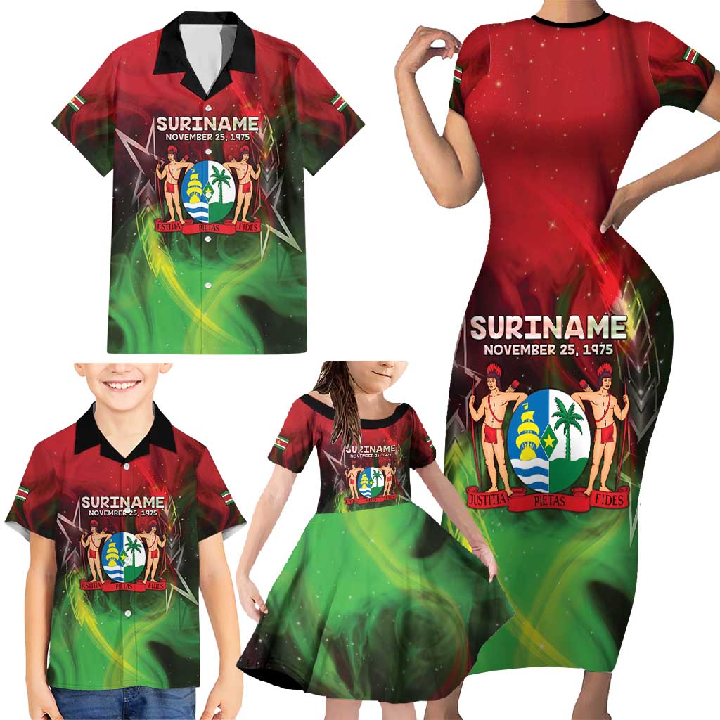 Suriname Independence Day Family Matching Short Sleeve Bodycon Dress and Hawaiian Shirt Wan Switi Srefidensi Dey - Wonder Print Shop