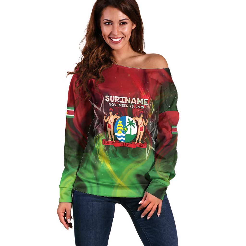 Suriname Independence Day Off Shoulder Sweater Wan Switi Srefidensi Dey - Wonder Print Shop