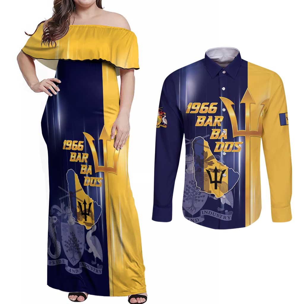 Barbados Independence Day Couples Matching Off Shoulder Maxi Dress and Long Sleeve Button Shirt Proud To Be Barbadian - Wonder Print Shop