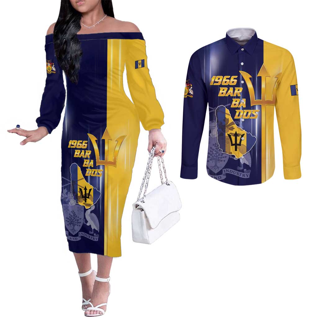 Barbados Independence Day Couples Matching Off The Shoulder Long Sleeve Dress and Long Sleeve Button Shirt Proud To Be Barbadian - Wonder Print Shop