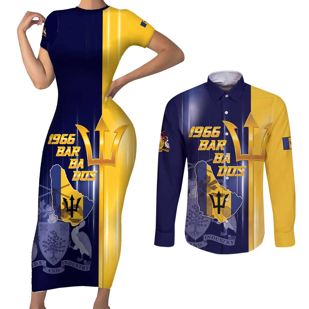 Barbados Independence Day Couples Matching Short Sleeve Bodycon Dress and Long Sleeve Button Shirt Proud To Be Barbadian - Wonder Print Shop