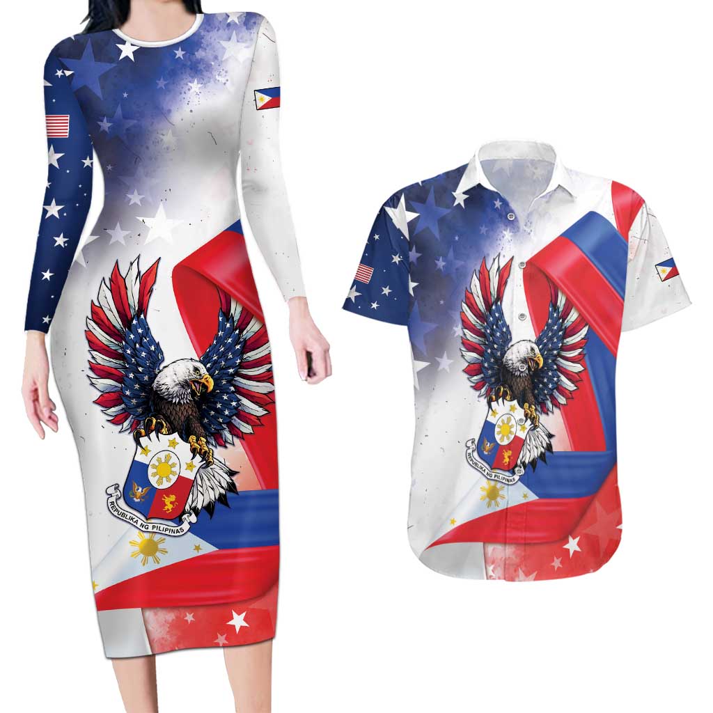 Filipino American History Month Couples Matching Long Sleeve Bodycon Dress and Hawaiian Shirt Philippines Proud Of My Roots - Wonder Print Shop