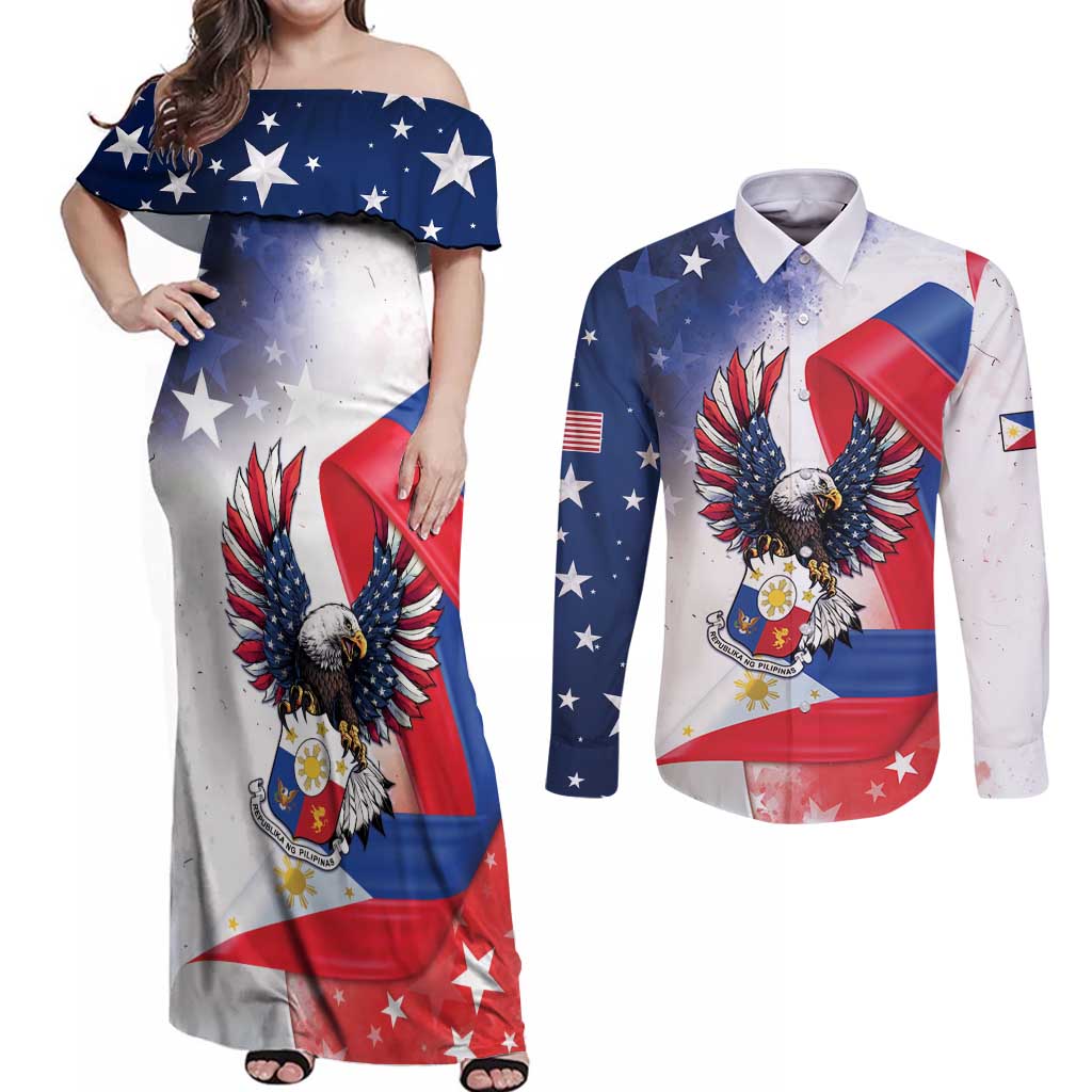 Filipino American History Month Couples Matching Off Shoulder Maxi Dress and Long Sleeve Button Shirt Philippines Proud Of My Roots - Wonder Print Shop