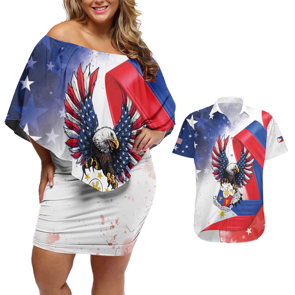 Filipino American History Month Couples Matching Off Shoulder Short Dress and Hawaiian Shirt Philippines Proud Of My Roots - Wonder Print Shop