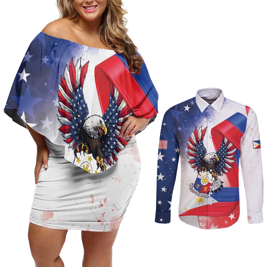 Filipino American History Month Couples Matching Off Shoulder Short Dress and Long Sleeve Button Shirt Philippines Proud Of My Roots - Wonder Print Shop