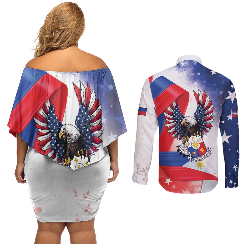 Filipino American History Month Couples Matching Off Shoulder Short Dress and Long Sleeve Button Shirt Philippines Proud Of My Roots - Wonder Print Shop