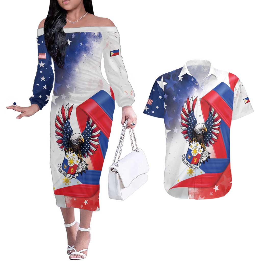 Filipino American History Month Couples Matching Off The Shoulder Long Sleeve Dress and Hawaiian Shirt Philippines Proud Of My Roots - Wonder Print Shop