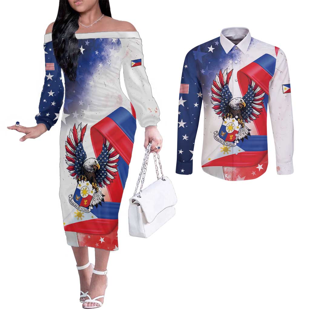 Filipino American History Month Couples Matching Off The Shoulder Long Sleeve Dress and Long Sleeve Button Shirt Philippines Proud Of My Roots - Wonder Print Shop