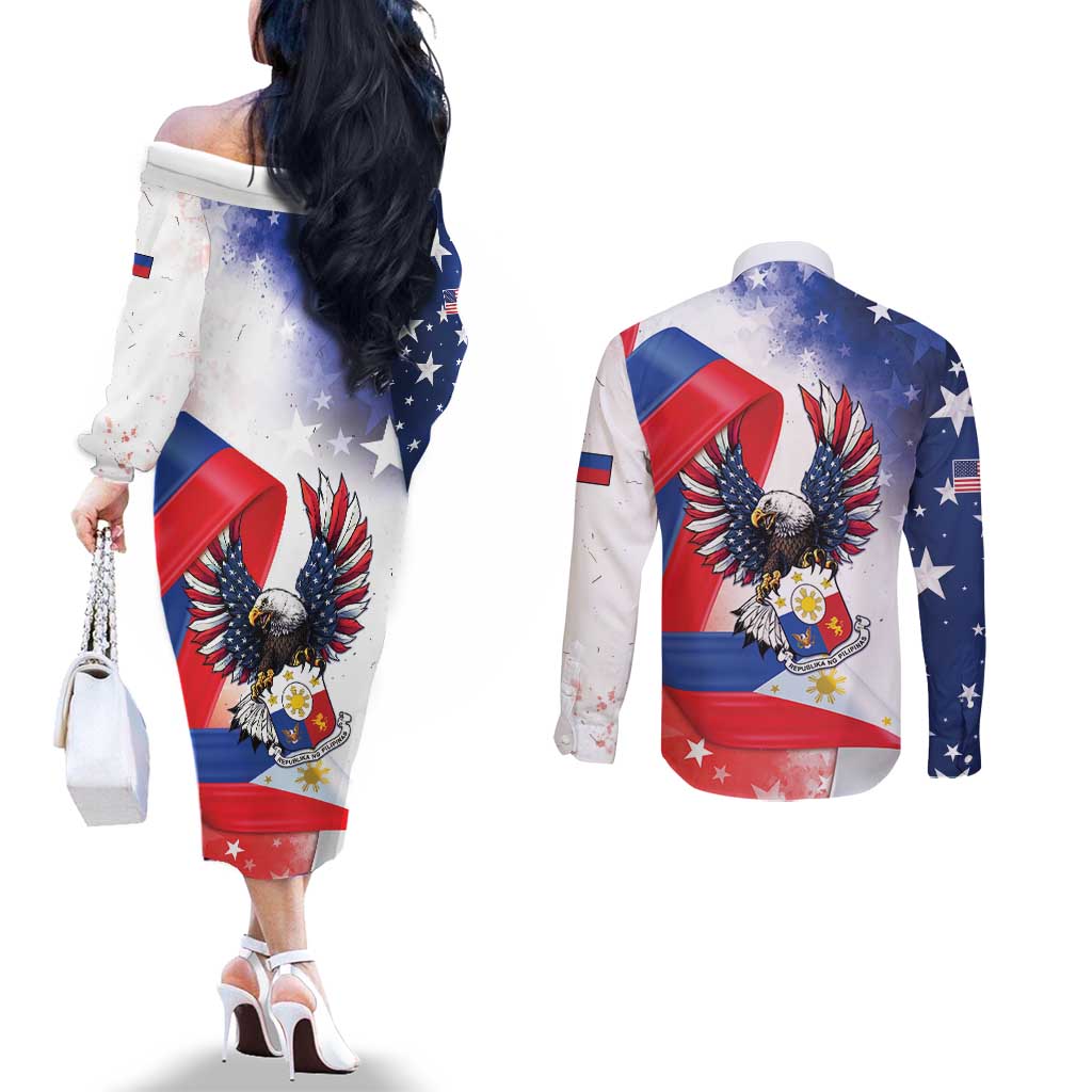 Filipino American History Month Couples Matching Off The Shoulder Long Sleeve Dress and Long Sleeve Button Shirt Philippines Proud Of My Roots - Wonder Print Shop