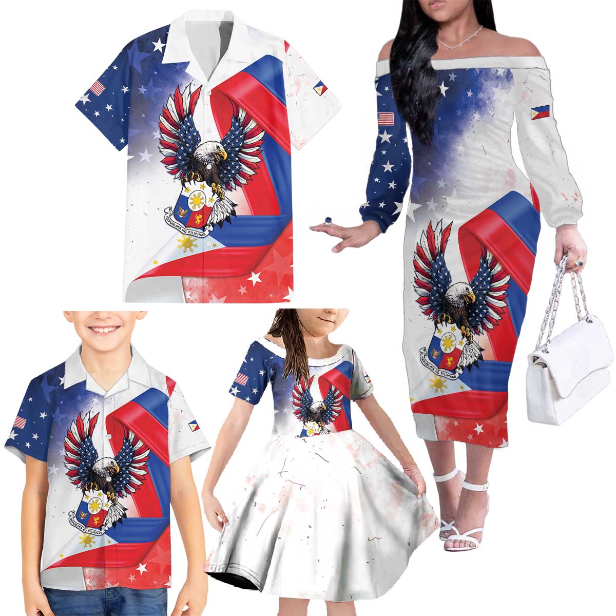 Filipino American History Month Family Matching Off The Shoulder Long Sleeve Dress and Hawaiian Shirt Philippines Proud Of My Roots - Wonder Print Shop
