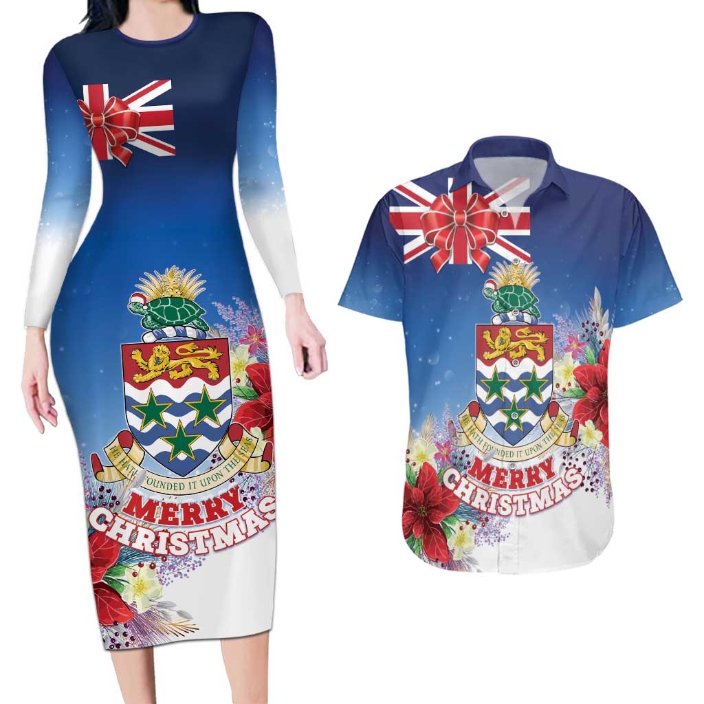Cayman Islands Christmas Couples Matching Long Sleeve Bodycon Dress and Hawaiian Shirt Coquette Bow Xmas Vibe - Wonder Print Shop