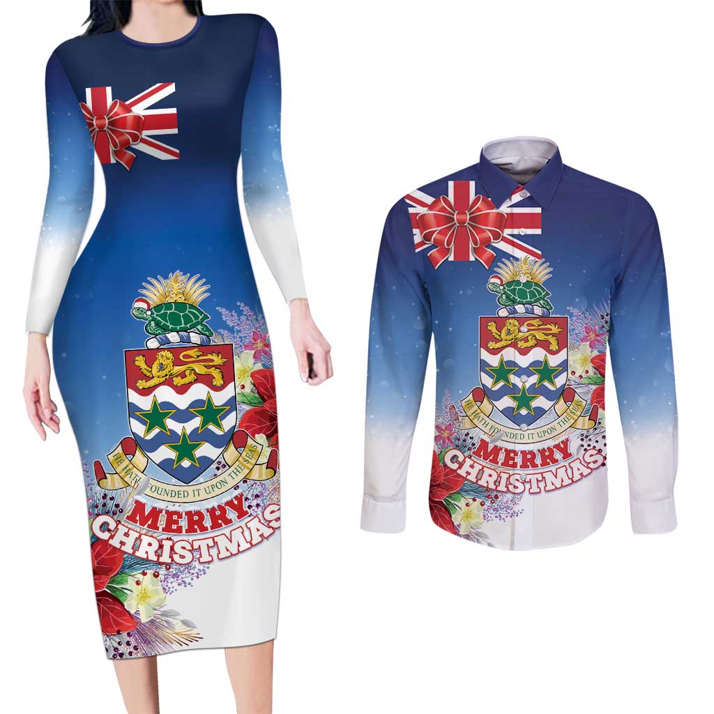 Cayman Islands Christmas Couples Matching Long Sleeve Bodycon Dress and Long Sleeve Button Shirt Coquette Bow Xmas Vibe - Wonder Print Shop