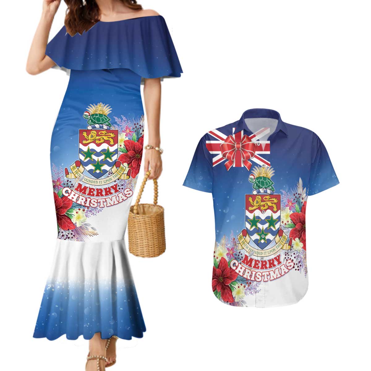 Cayman Islands Christmas Couples Matching Mermaid Dress and Hawaiian Shirt Coquette Bow Xmas Vibe - Wonder Print Shop