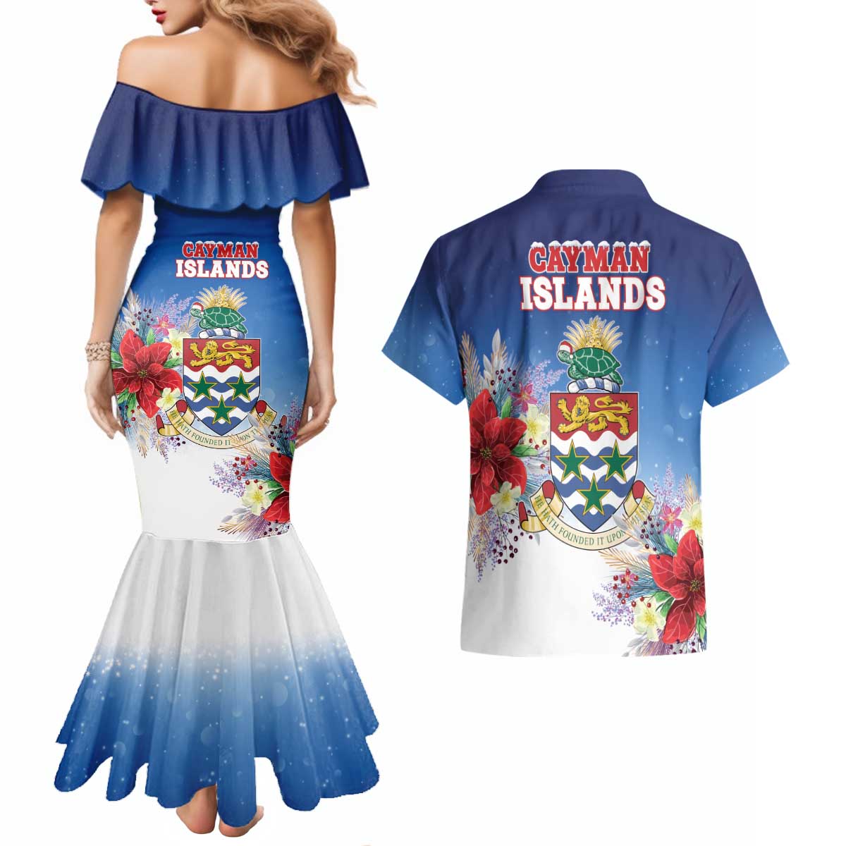 Cayman Islands Christmas Couples Matching Mermaid Dress and Hawaiian Shirt Coquette Bow Xmas Vibe - Wonder Print Shop