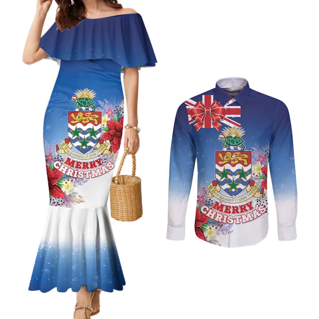 Cayman Islands Christmas Couples Matching Mermaid Dress and Long Sleeve Button Shirt Coquette Bow Xmas Vibe - Wonder Print Shop