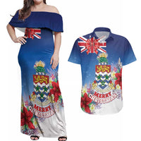 Cayman Islands Christmas Couples Matching Off Shoulder Maxi Dress and Hawaiian Shirt Coquette Bow Xmas Vibe - Wonder Print Shop