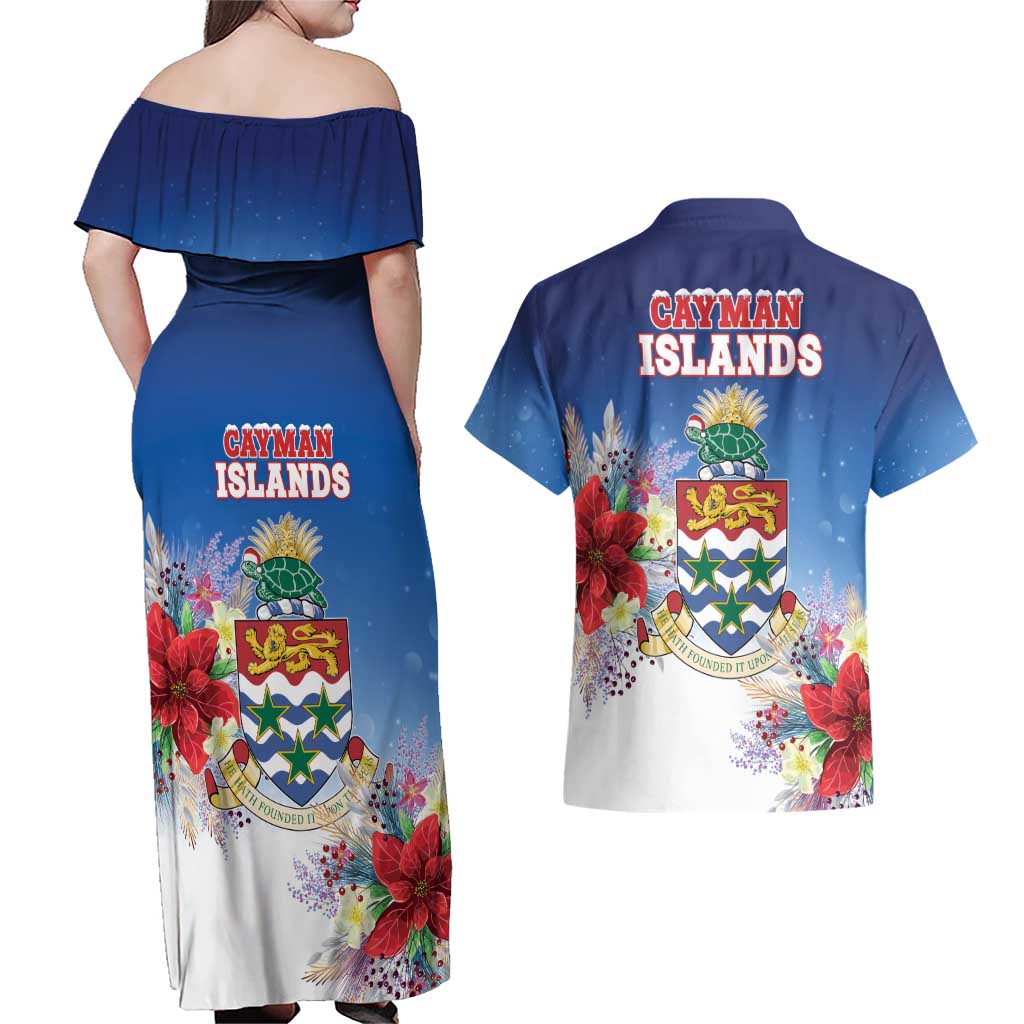 Cayman Islands Christmas Couples Matching Off Shoulder Maxi Dress and Hawaiian Shirt Coquette Bow Xmas Vibe - Wonder Print Shop