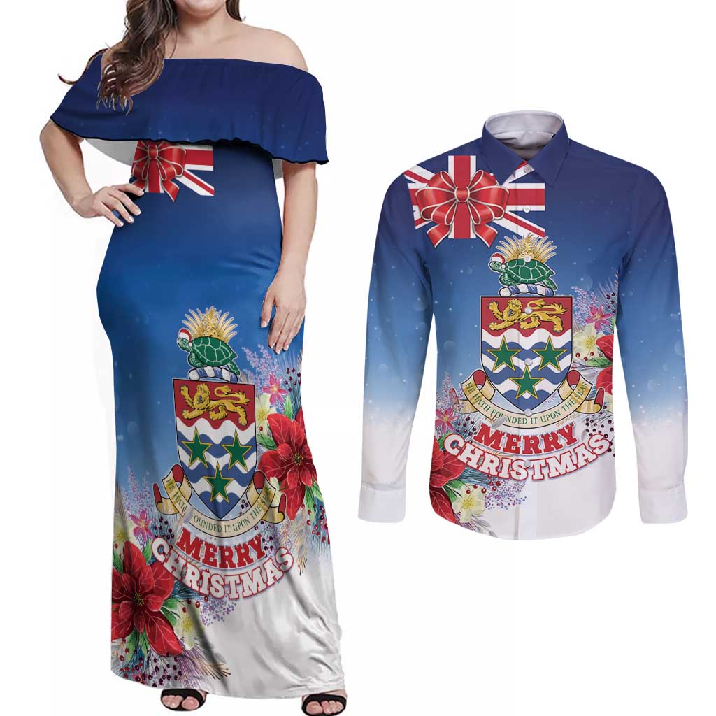 Cayman Islands Christmas Couples Matching Off Shoulder Maxi Dress and Long Sleeve Button Shirt Coquette Bow Xmas Vibe - Wonder Print Shop
