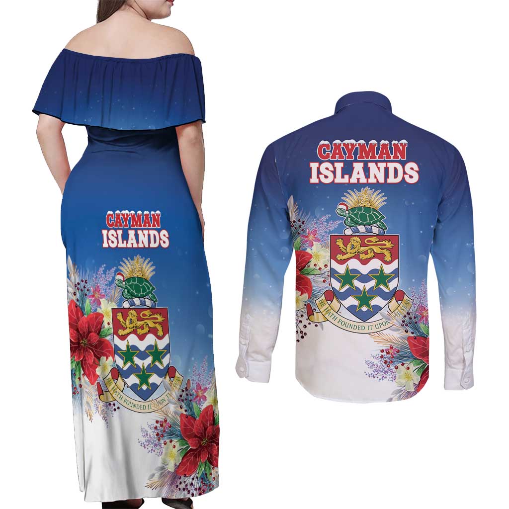 Cayman Islands Christmas Couples Matching Off Shoulder Maxi Dress and Long Sleeve Button Shirt Coquette Bow Xmas Vibe - Wonder Print Shop