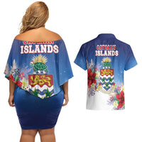 Cayman Islands Christmas Couples Matching Off Shoulder Short Dress and Hawaiian Shirt Coquette Bow Xmas Vibe - Wonder Print Shop