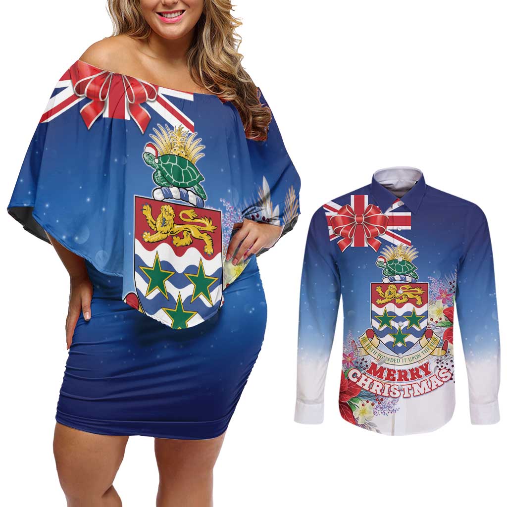 Cayman Islands Christmas Couples Matching Off Shoulder Short Dress and Long Sleeve Button Shirt Coquette Bow Xmas Vibe - Wonder Print Shop